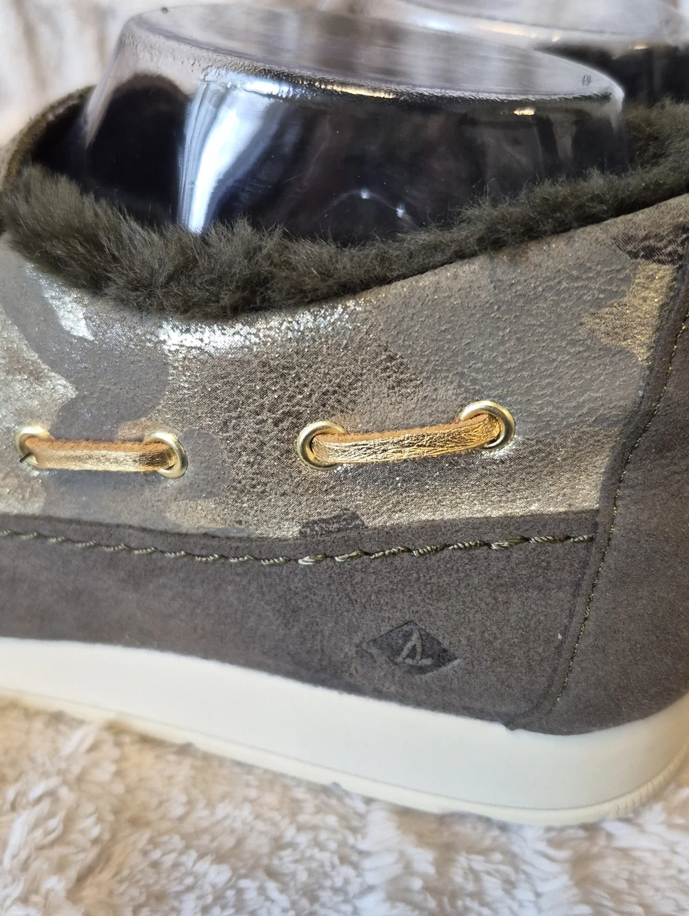 NEW Sperry Moc-Sider Slip-On Shoes Olive Green Camo Leather Faux Fur Lined Sz 8